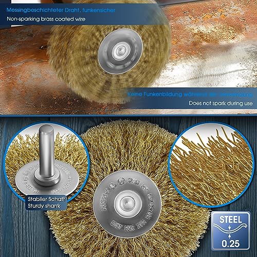 S&R Steel Wire Round Brush Grinding Brush Brass 80 mm x 35 mm | Brass Plated Wood Texture Brush, 0.25 mm Corrugated, Round Shaft 8 mm, Wire Brush for Wood, Metal, Stainless Steel, Plastics 80x35 mm