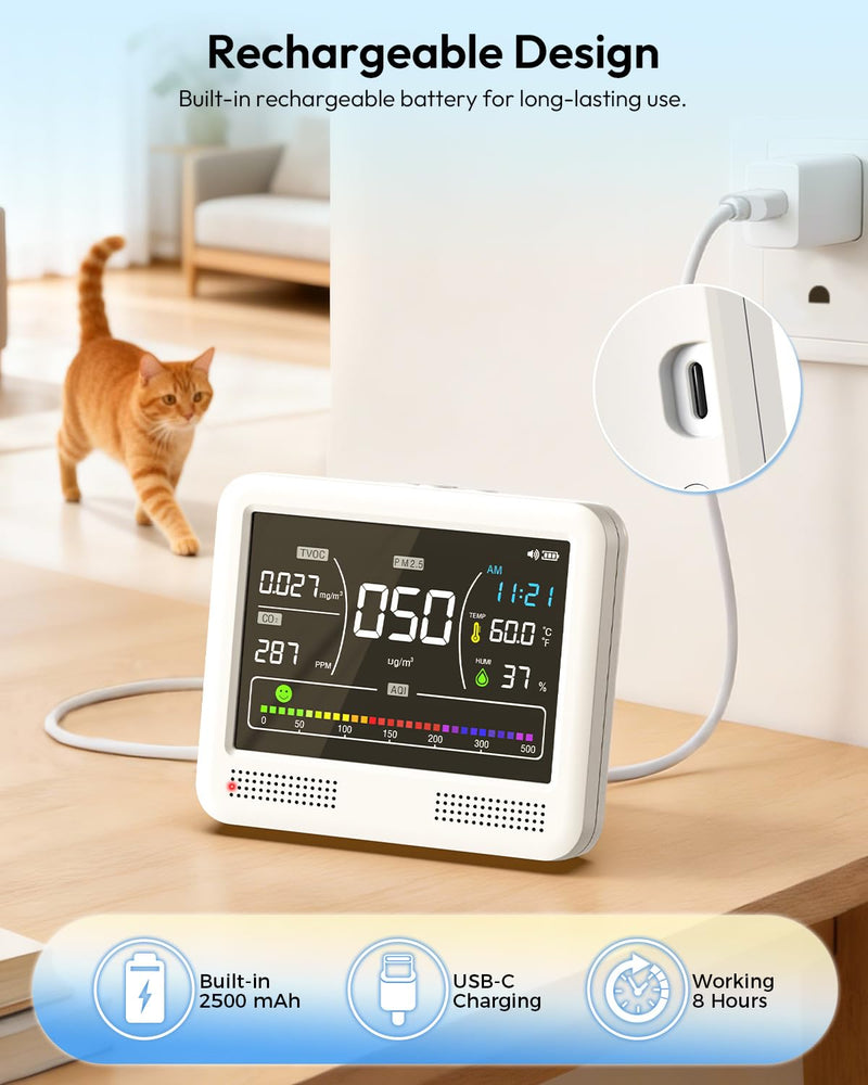 [Australia - AusPower] - Air Quality Monitor Indoor, 16 in 1 Air Quality Tester for CO2 Monitor, TVOC, PM1.0 PM2.5 PM10, HCHO Temperature Humidity & Time, AQI Monitor with Alerts for Home (PureWhite) PureWhite 