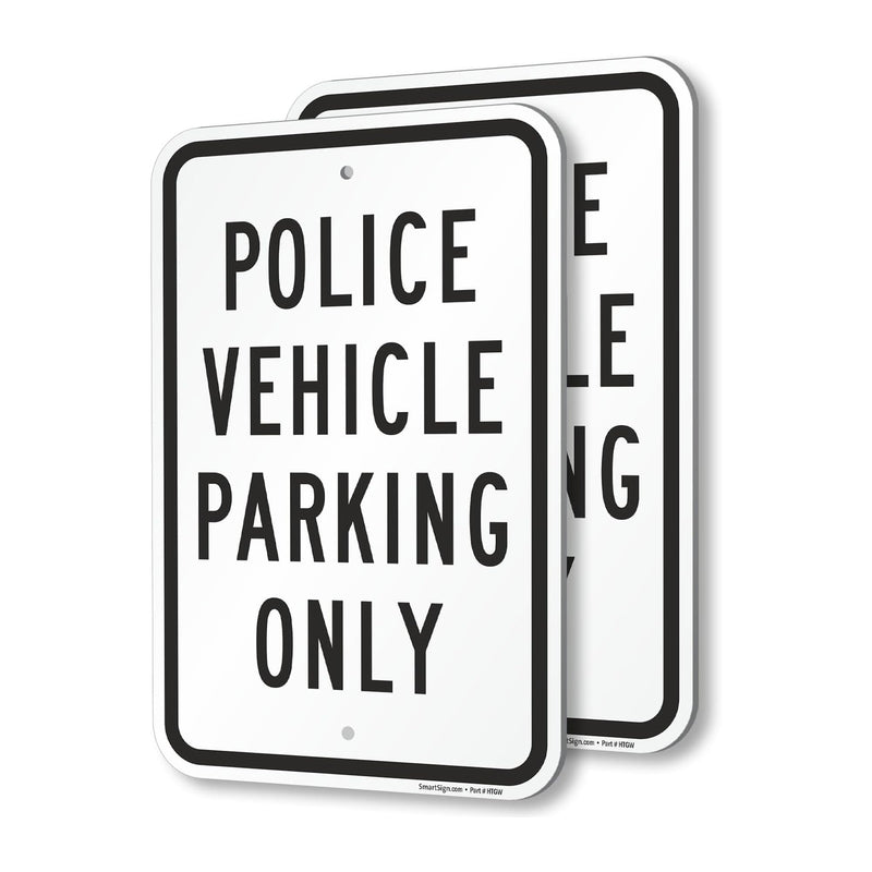 SmartSign Police Vehicle Parking Only Sign (2-Pack), 18 x 12 inch, 80 mil thick Aluminum Composite (ACM), Pre-Drilled Holes, White and Black, Made in USA