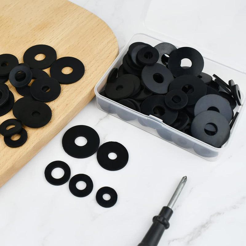 [Australia - AusPower] - 100 Pcs Black Flat Rubber Washers Assortment Kit, 16/18/20/25/30mm Heavy Duty Rubber Washers Rubber Grommet Vibration Damping Pads for Shower Head Garden Faucet Plumbing Washers Repair (5 Sizes) 