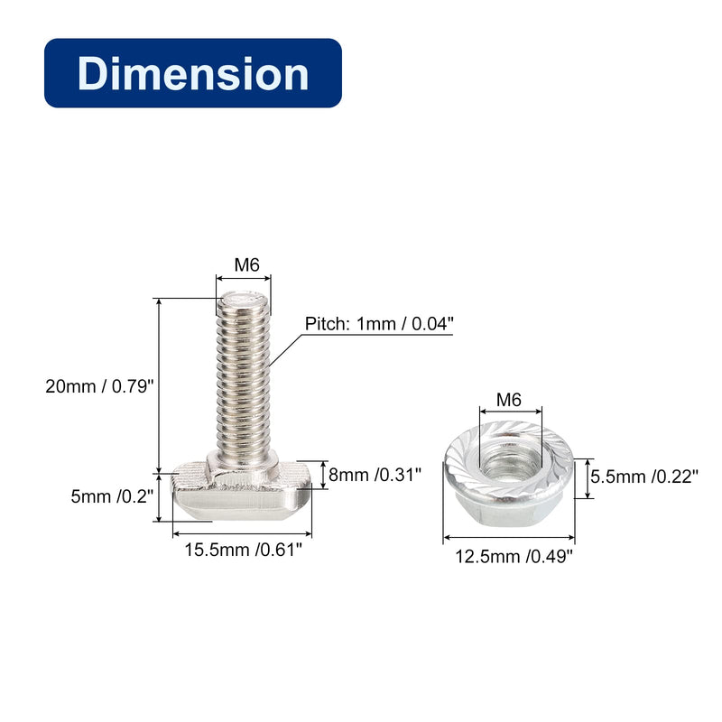 [Australia - AusPower] - uxcell M6x20mm T Slot Drop-in Bolt and M6 Hexagon Flange Nut Set, 20 Sets Hammer Head T-Bolt T Shape Stud Sliding Screw for European Standard 30 Series Aluminum Profile 