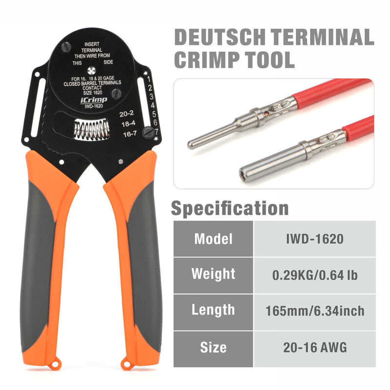iCrimp IWD-1620 Deutsch Crimp Tool, Size 16 Deutsch Crimper, Solid Barrel Contact & Circular Connector Contacts Crimping Tool, 8 Indents Wire Crimper, AWG16 to AWG20