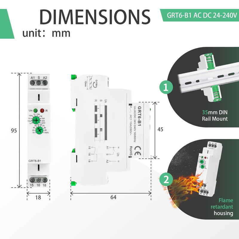 Delay Off Time Relay GRT6-B1 10A Adjustable Smart Relay, Delay Turn Off Electronic Timer in Din Rail, 0.1s-10 Days Wide Range Delay Factory Automation Time Universal Voltage AC DC 24V 240V GRT6-B1 AC/DC 24V-240V