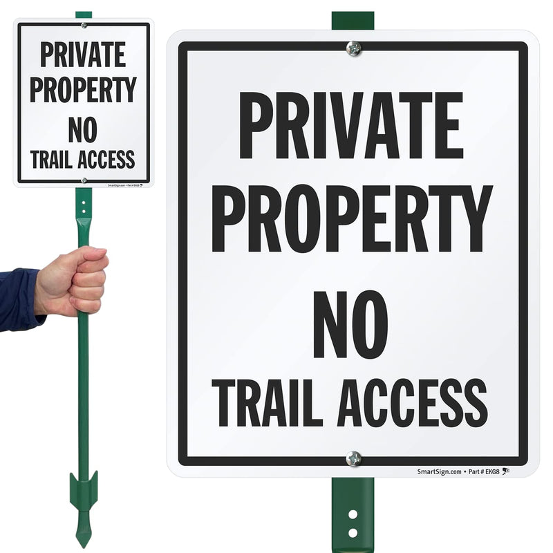 SmartSign 12 x 10 inch “Private Property - No Trail Access” LawnBoss Yard Sign with 3 foot Stake, 40 mil Laminated Rustproof Aluminum, Black and White, Set of 1