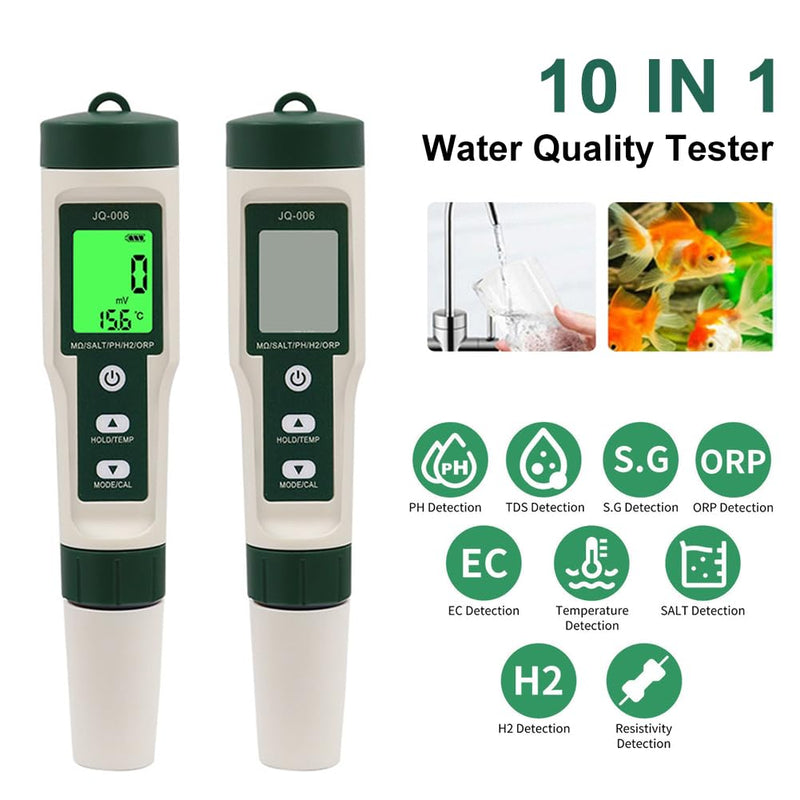 [Australia - AusPower] - 10 in 1 Water Quality Tester PH/TDS/Salt/SG/ORP/EC/Hydrogen/Resistivity/Temp/Nutrient Multifunction Testing Pen for Pool Aquarium Green 