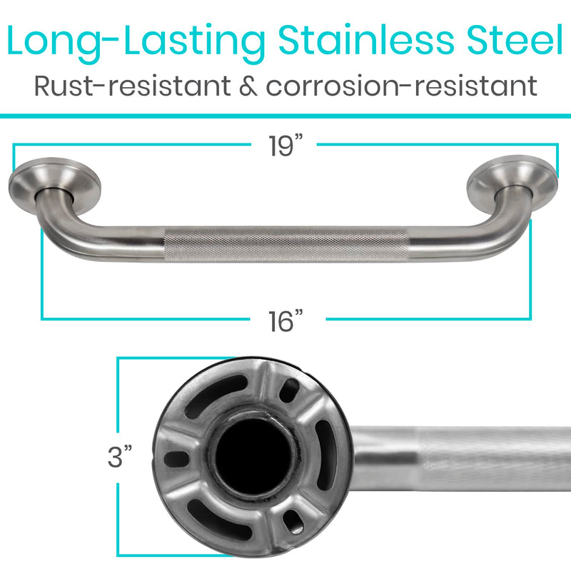 Vive Textured Shower Bars for Elderly | Metal Bathroom Safety Rail, Anti-Slip Shower Handle, Stainless Steel Wall Handrail, Heavy Duty Handicap Support, 440 lb 16" (Inches)