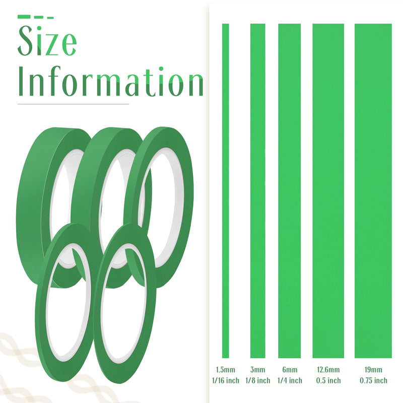 Xuniea 5 Rolls of Vinyl Tape Masking Tape Automotive Car Auto Paint for Curves, High Temperature Vinyl Low Tack(1/16 Inch, 1/8 Inch, 1/4 Inch, 1/2 Inch, 3/4 Inch,Green) Green 1/16, 1/8,1/4, 1/2, 3/4 Inch