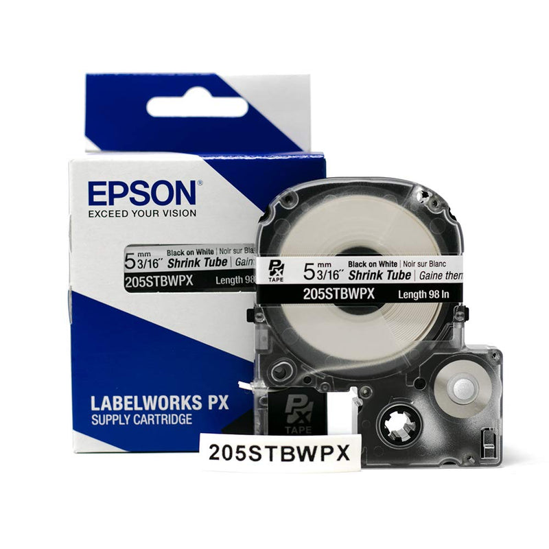 Epson LABELWORKS 205STBWPX Tape Cartridge - Black on White Shrink Tube Industrial Label Maker Tape - AWG 8-12, 3/16" (5MM) Wide, 8 ft (96") 5MM(8-12AWG)