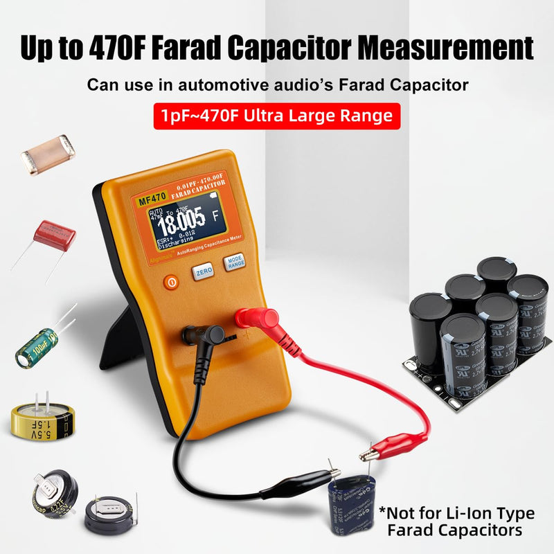 Capacitor Tester, MF470 Auto Ranging Capacitance Meter, Professional Measuring Capacitance Resistance, ESR Capacitor Meter Car Audio Farad Super Capacitor Measurment 0.01pF to 470,000,000uF