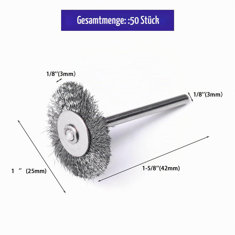 ATOPLEE Wire Brush Set, 50 Pieces 1 inch/25 mm Mini Wire Brush with 3 mm Round Shaft, Alloy Steel Wire Brush for Drill Attachment (50)