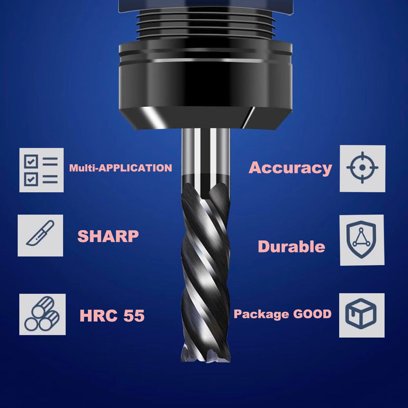 1/32" Carbide Square End Mill Set for Alloy Steels/Hardened Steels, 4 Flute HRC 55 Deg AlTiN Coating End Mill Bits Set, CNC Router Bits (Pack of 5) 1/32 inch