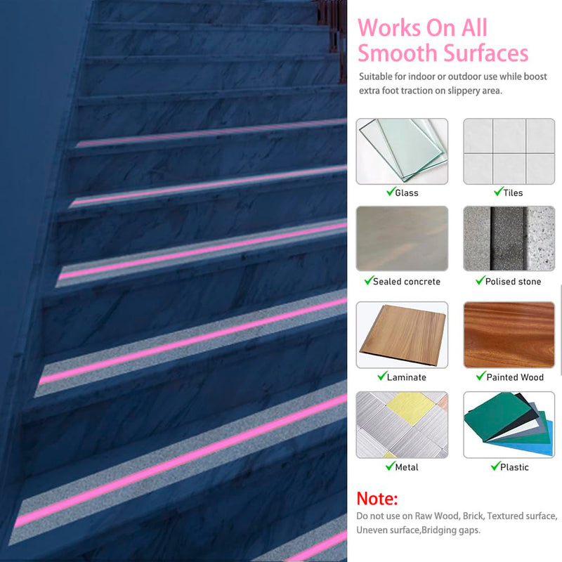 ONTWIE Anti Slip Tape, Clear Glow in The Dark Traction Grip Tape, 2 Inch x 32.8ft Waterproof Indoor/Outdoor, Non Slip Stair Treads Safety Tape(Clear with a line of Glow,Pink, 2" Width) clear with a line of glow,Pink
