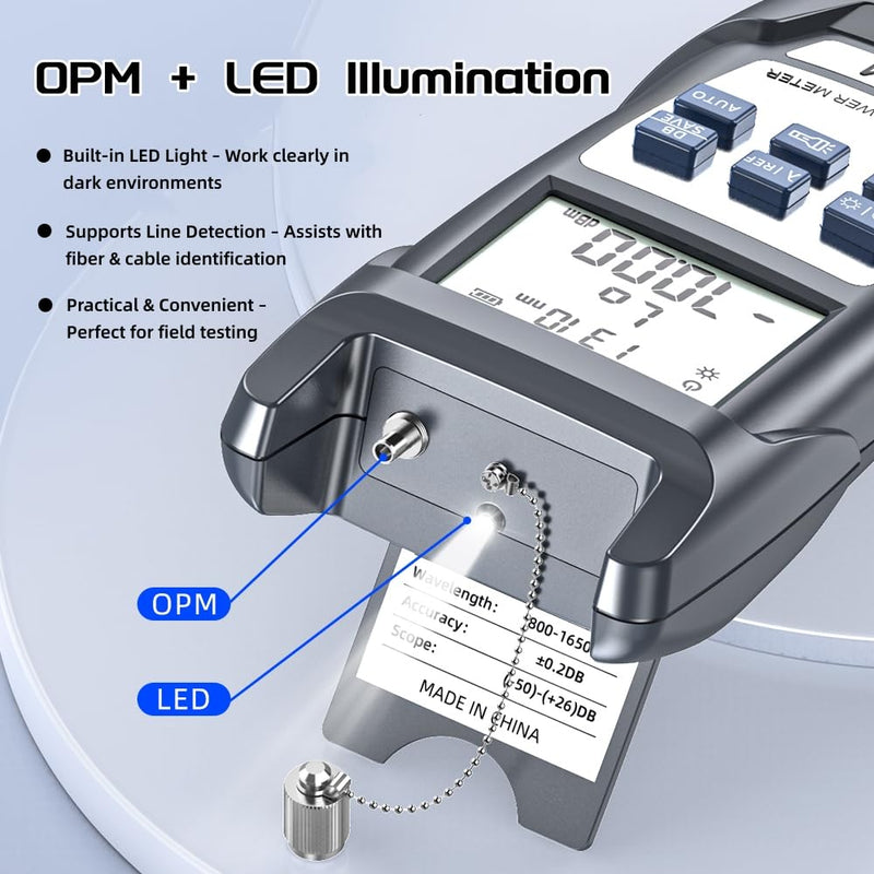 Fiber Optic Cable Tester & Power Meter - Portable Optical Light Meter with FC/SC/ST/LC Interfaces, (-70) dBm to (+10) dBm Range, 10 Wavelengths, LED Display - for Network Installation & Maintenance