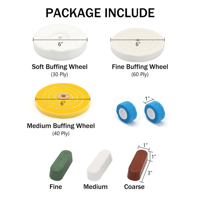 [Australia - AusPower] - SCOTTCHEN 6inch Buffing Polishing Wheels 1/2" Arbor Hole,Soft/Fine/Medium for Bench Grinder-3PCS,with Buffing Polishing Cutting Compounds 7.4 Oz.Kit,with 2 Pack Non-Woven Bandage 6 inch 