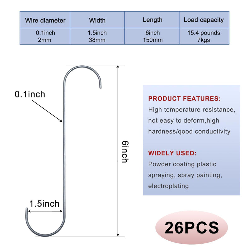 [Australia - AusPower] - 26PCS Metal Durable 6 Inches Long S Shaped Hooks Hanger 0.1'' Wire Plant Paint Powder Coating DIY Hanging Hooks 