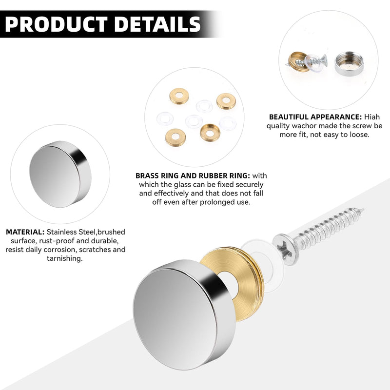 [Australia - AusPower] - Mirror Screws, 20 PCS Stainless Steel Screw Cover Cap, 0.63"/16mm Diameter Decorative Caps Cover Nails Mirror Screws Fasteners for Bathroom Mirror Panels Kitchen Ceiling Arts Craft Sign Ad Nail Silver 
