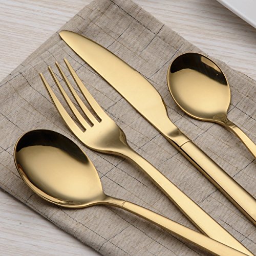 Berglander 20 Piece Titanium Gold Plated Stainless Steel Flatware Set, 20 Pieces Golden Silverware Set, Golden Cutlery Set, Service for 4 (shiny Gold) A. 20 Pieces Gold