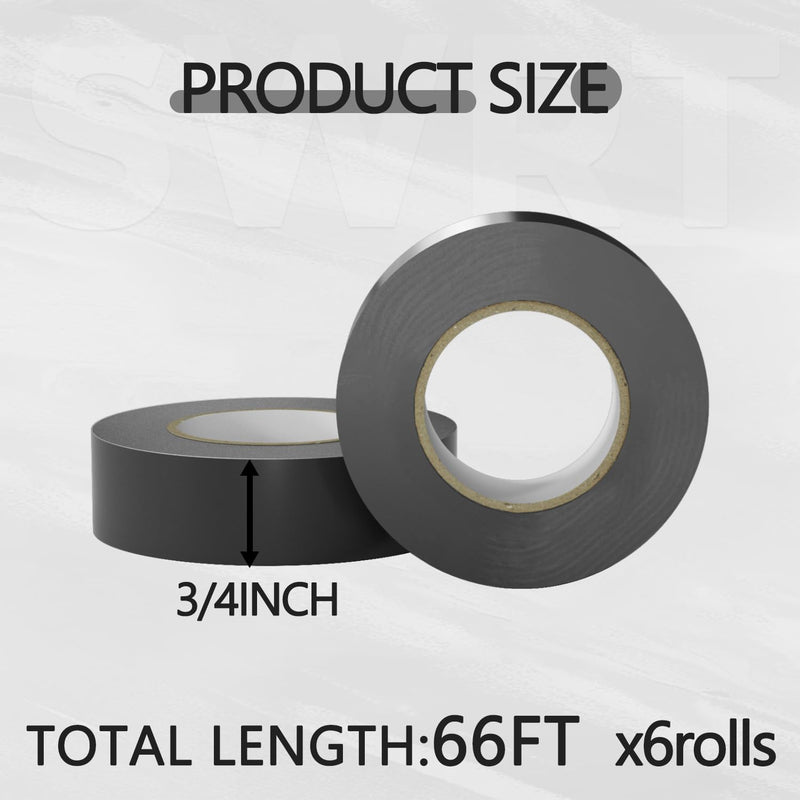 SWRT 6 Pack Black Electrical Tape Waterproof, 0.75 in x 66 FT High Temp Electric Tape Under 600V for All Weather - UV Protection - Flame Retardant