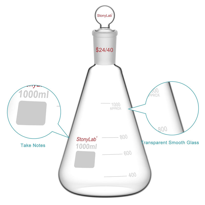 stonylab Glass 24/40 Erlenmeyer Flask with Stopper, 1000 ml Borosilicate Glass Heavy Wall Flask with 24/40 Standard Taper Outer Joint and Glass Stopper