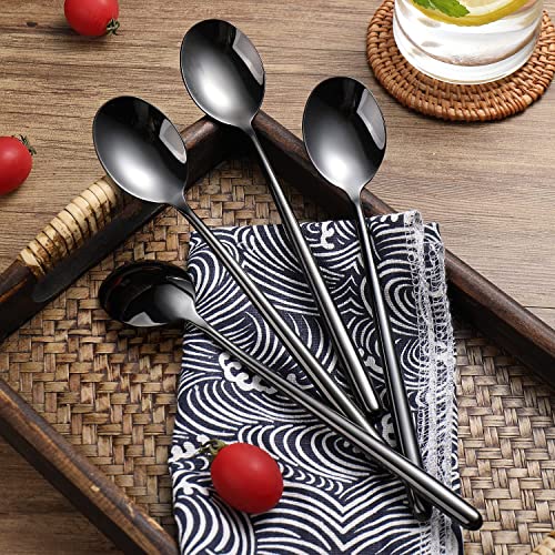 Ouliget Steel Black Soup Spoon, Long handled Great Circle Spoons,Korean Long Handle Soup Spoon,8 Pieces,8.7x1.6 Inches.
