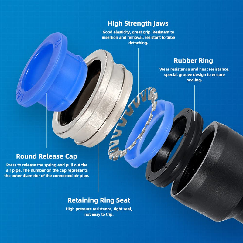 [Australia - AusPower] - 60Pcs Quick Connect Air Hose Fittings 1/4 inch OD 15 Spliters+15 Elbows+15 tee+15 Straight Quick Release Pneumatic Push to Connect Fittings Kit Air Line Fittings for 1/4 inch Tube 60 PCS 