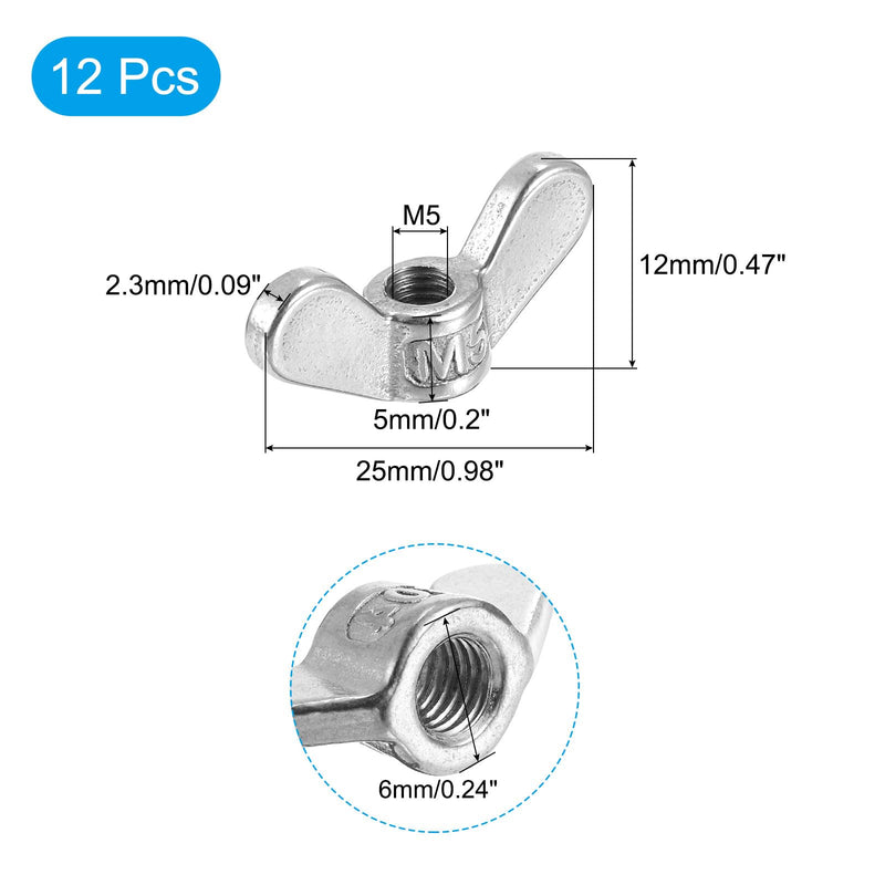 [Australia - AusPower] - uxcell M5x0.8mm Wing Nut 12 Pcs, 304 Stainless Steel Butterfly Wing Nuts Fasteners Parts Hand Twist Tighten Wing Nuts for Machinery Electronic Equipment DIY, Silver 