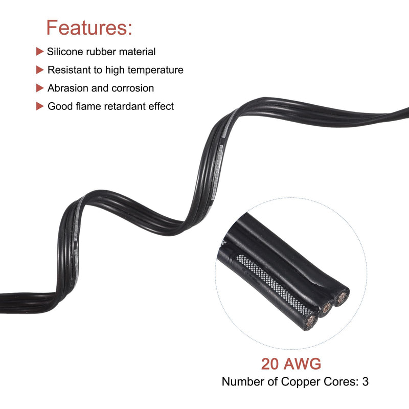 MECCANIXITY 20AWG Silicone Ribbon Cable 3Pin 20 Gauge Flat Cable Flexible Silicone Wire 3m/9.8ft Black Stranded Tinned Copper Wire for Model Plane, Model Car, Electric Appliance 20AWG,9.8ft