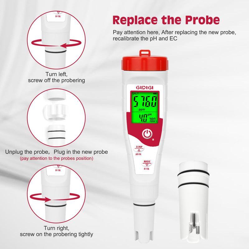 [Australia - AusPower] - Replacement pH Probe for GIDIGI Simultaneously Display pH Meter, pH Electrode with 1413μS/cm EC Calibration Solution and pH Storage Solution for GX-T4,GX-T5 