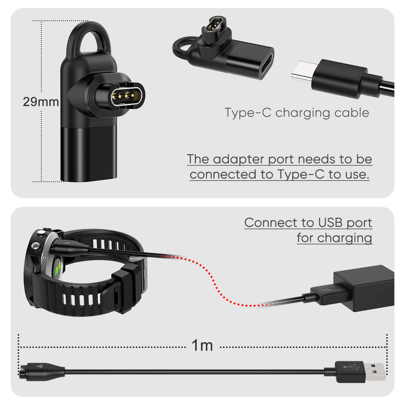 [Australia - AusPower] - Charger Cable for Garmin Watch with Extra Type C Adapter, 3.3ft USB Charging & Data Transfer Cord for Fenix 7/7S/7X, Instinct 2/2S/Solar, Vivoactive 4/4S/3, Venu 2/2S/Sq, Forerunner 245/945/55/45, etc 