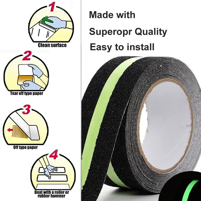 Anti Slip Traction Tape, Non-Slip Grip Adhesive Tape to Indoor or Outdoor Stair, Tubs, Boats, Safety Grip Tape Non Skid Roll for Stair Steps (#01Black with Glow in Dark, 2 Inch x 35 Feet) #01Black with Glow in Dark