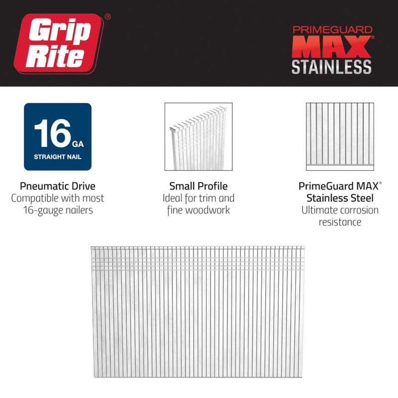 Grip-Rite 16-Gauge Electro - 304 Stainless Steel Straight Finish Nails - Collated Fastener - Steel Nails for Trim Finishing and Fine Carpentry - 1-1/2" - 1000 Count - MAXB64872