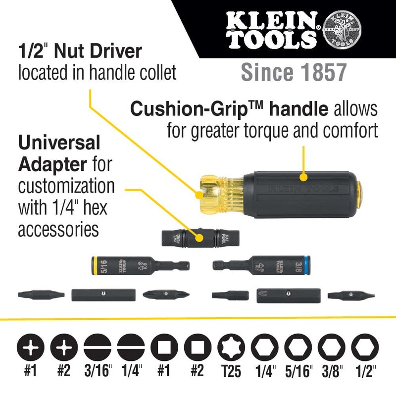 [Australia - AusPower] - Klein Tools 32500HD KNECT Multi-Bit Screwdriver / Nut Driver, Impact Rated 11-in-1 Tool with Phillips, Slotted, Square and Torx Tips Standard Handle 