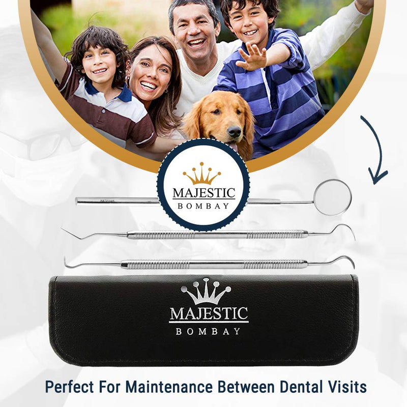 [Australia - AusPower] - Dental Hygiene Tool Kit - includes Stainless Steel Tarter Scraper/scaling Remover, Dental Toothpick, Mouth Mirror - by Majestic Bombay- Dentists Tools Set Is Ideal for Personal Use & Pet Friendly 