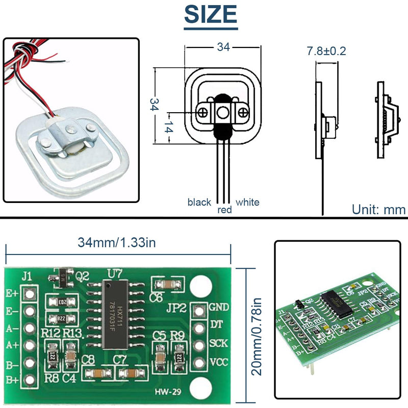2 Sets Load Cell 50kg Weight Sensor Body Weight Half Bridge Human Body Scale Strain Gauge + HX711 24Bit Amplifier AD Weighing Module Microphone Sensor Module (Blue)