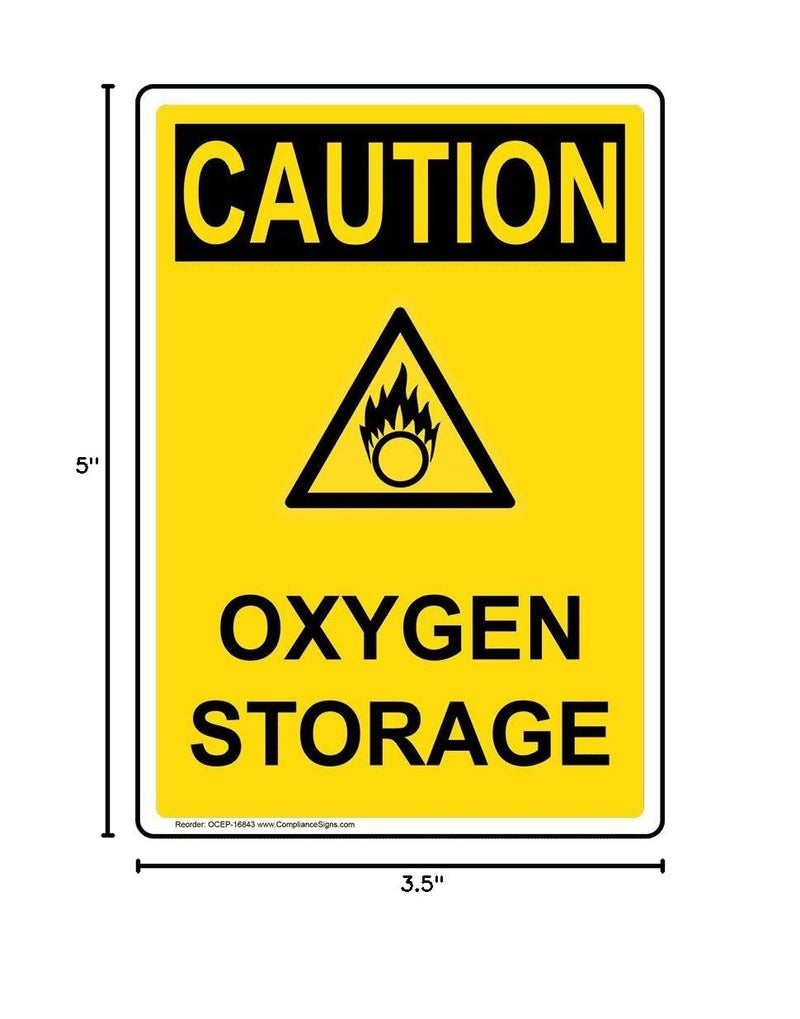 ComplianceSigns.com Vertical Caution Oxygen Storage OSHA Safety Label Decal with Symbol, 5x3.5 in. 4-Pack Vinyl for Gases Hazmat 5" x 3.5" - 4 Pack Adhesive Vinyl