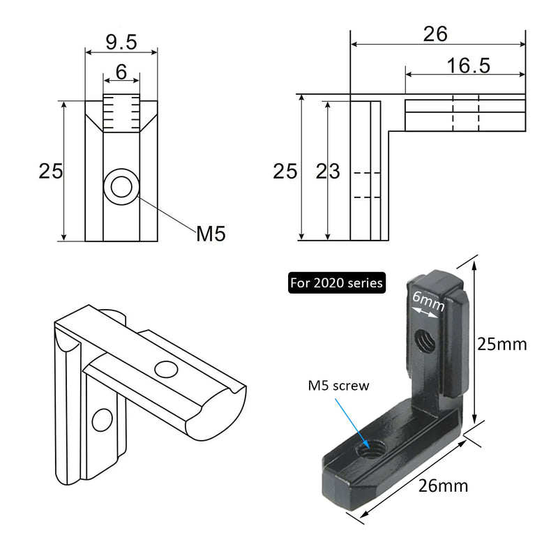 40Pcs 2020 Aluminum Extrusion Profile Hardware V-T Slot Connector L Bracket | FORRCKY, 20 Series 2020 2040 20mm Extruded Aluminum, with M5 Set Screw, Black Inside Joint Corner Bracket