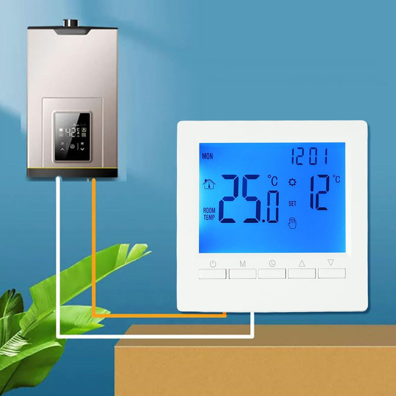 [Australia - AusPower] - Programmable Digital Room Thermostat with LCD Display for Gas Boiler Heating Control, UnderfloorTemperature Controller for Home Heating Boiler, Wall Mounted Or Freestanding, 5-90°C Range 