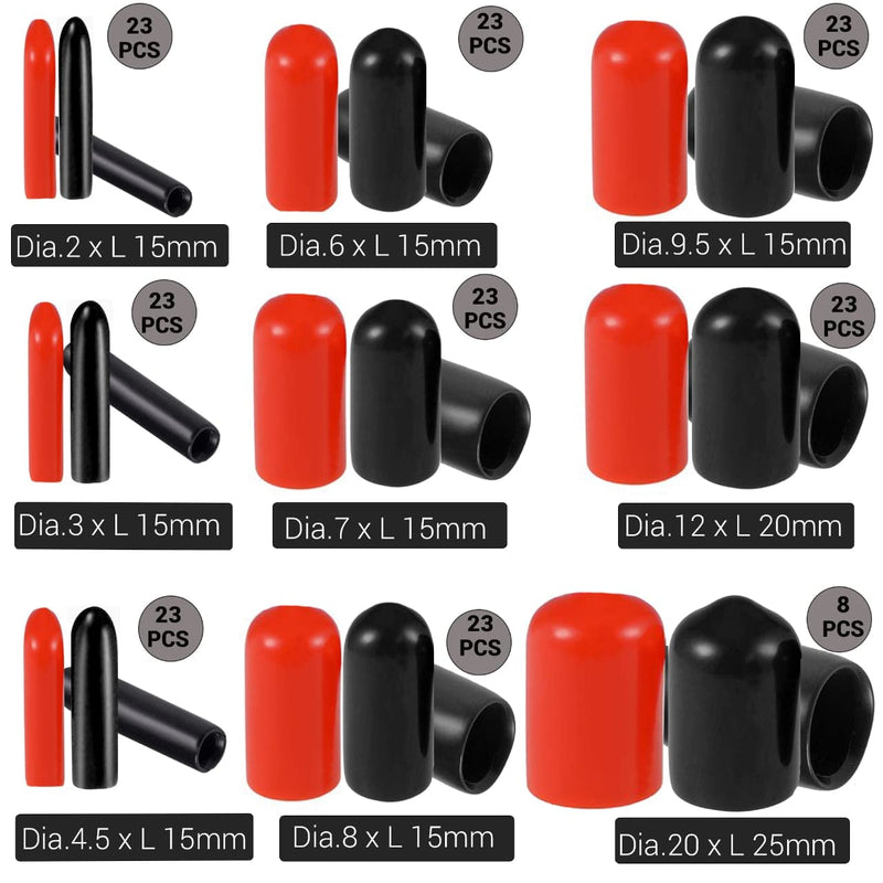 [Australia - AusPower] - Performore 192 Pieces Rubber End Caps - Screw Cap Covers - Thread Protector - Rubber Tips - Red & Black Vinyl Flexible Bolt & Screw Thread Protector Caps 9 Sizes in Plastic Case 