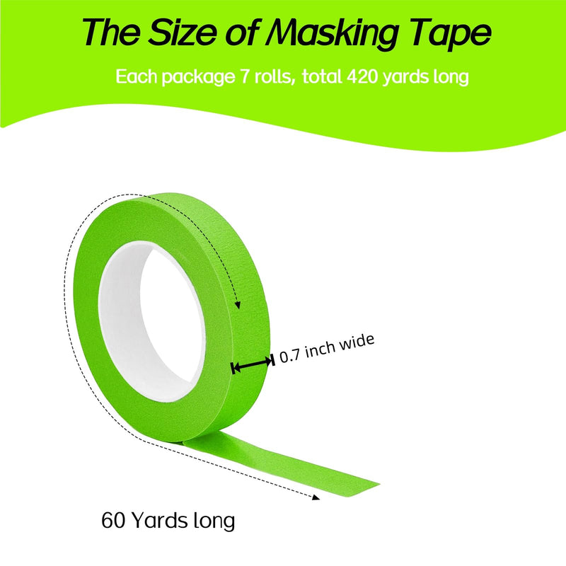 7 Rolls Green Masking Tape Painters Tape for Car No Residue Heat Resistant Water Resistant Multi-Purpose for Automotive Painters Tape 0.7 Inch x 60 Yards