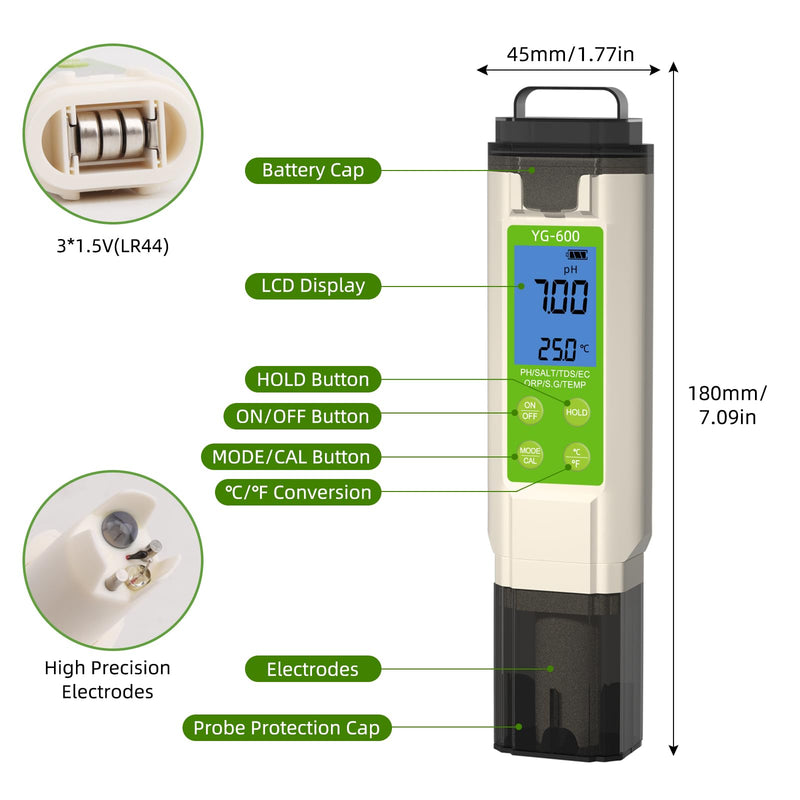 [Australia - AusPower] - 7 in 1 Pool Salt Tester, Digital Salinity & pH ORP Meter for Saltwater Pools, Hot Tubs, Spas, Aquariums, Sodium Chloride Water Quality Monitor 