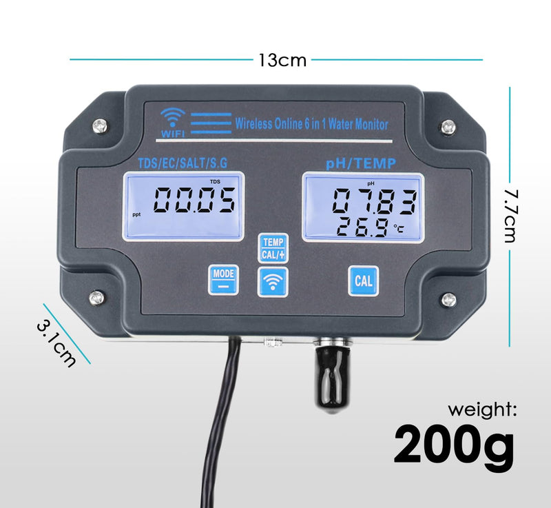 [Australia - AusPower] - Smart Water Quality Tester 6-in-1 pH/EC/TDS/Salinity/S.G and Temperature Meter with Wi-Fi Continuous Monitor Wall-Mounted pH Water Meter with ATC and Easy Calibration for Aquariums, Hydroponics 