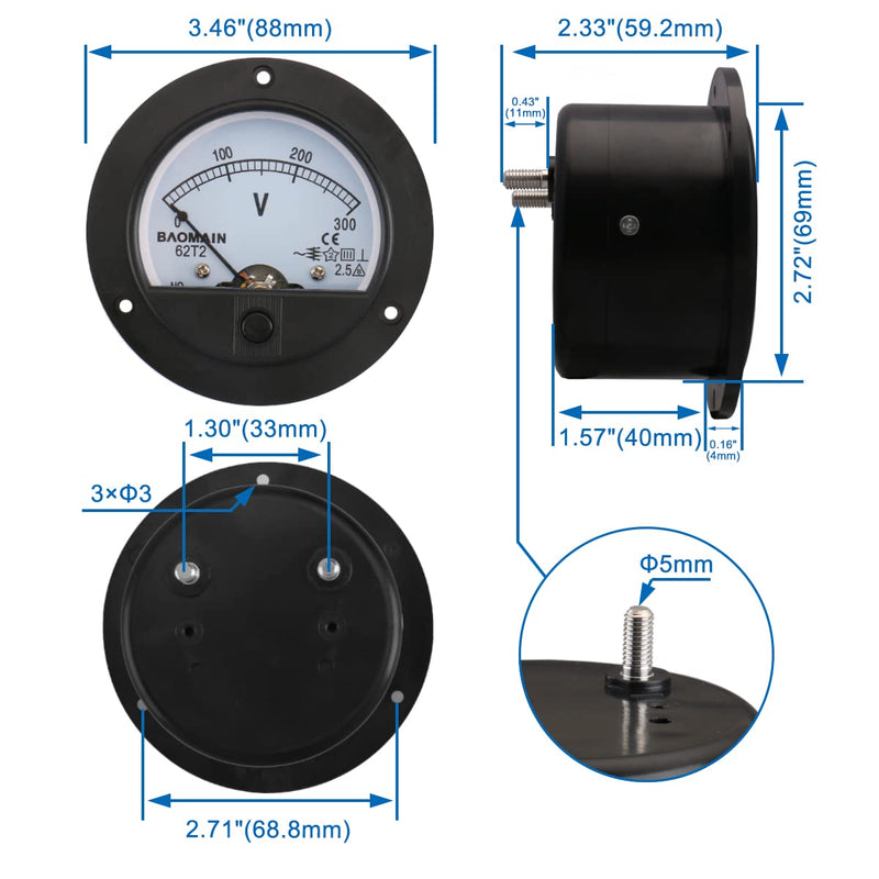 [Australia - AusPower] - Baomain 62T2 AC 300V Analogue Panel Meter Volt Voltage Gauge Analog Voltmeter Round Voltmeter 