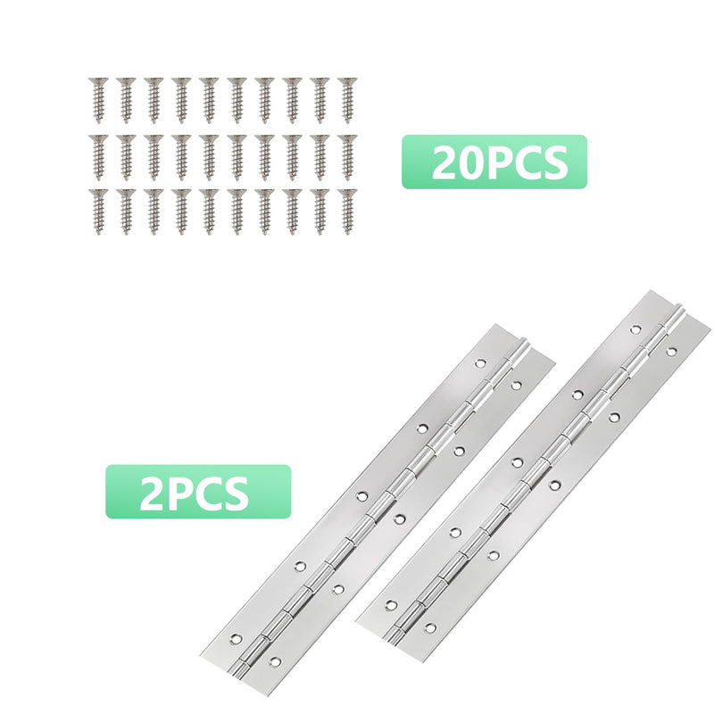 [Australia - AusPower] - 2Pack Silver Continuous & Piano Hinges 10 Inch x2 OpenWidth Heavy Duty With Hole Polished Stainless Furniture for Boats Cabinets Storage Box Door Cases With 20 Screws 