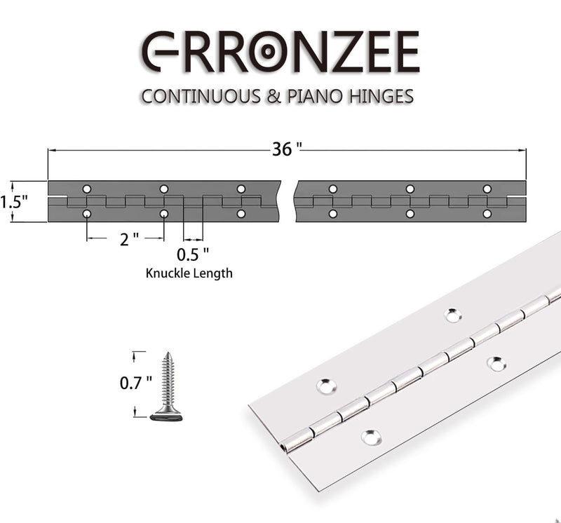 Piano Hinge 36 Inch x 1.5 Inch Stainless Steel Continuous & Piano Hinge Heavy Duty Piano Hinges, 0.04" Leaf Thickness, 0.5" Knuckle Length, Screw Included