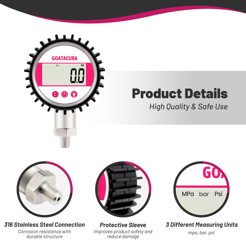 [Australia - AusPower] - 0-10000psi Digital Industrial Pressure Gauge, 3-1/8" Dial Size, 1/4" NPT Lower Mount, 5 Digit Display, Stainless Steel Case and Connection, 0.25% High Accuracy, with Protective Sleeve 0-10000psi 
