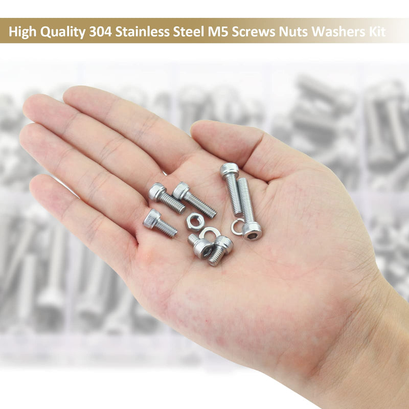 [Australia - AusPower] - 212 Pieces M5 x 6/8 /12/16 /20/25 /30mm Hex Socket Head Cap Screws Nuts Washers Assortment Kit, 304 Stainless Steel, Fully Machine Thread 