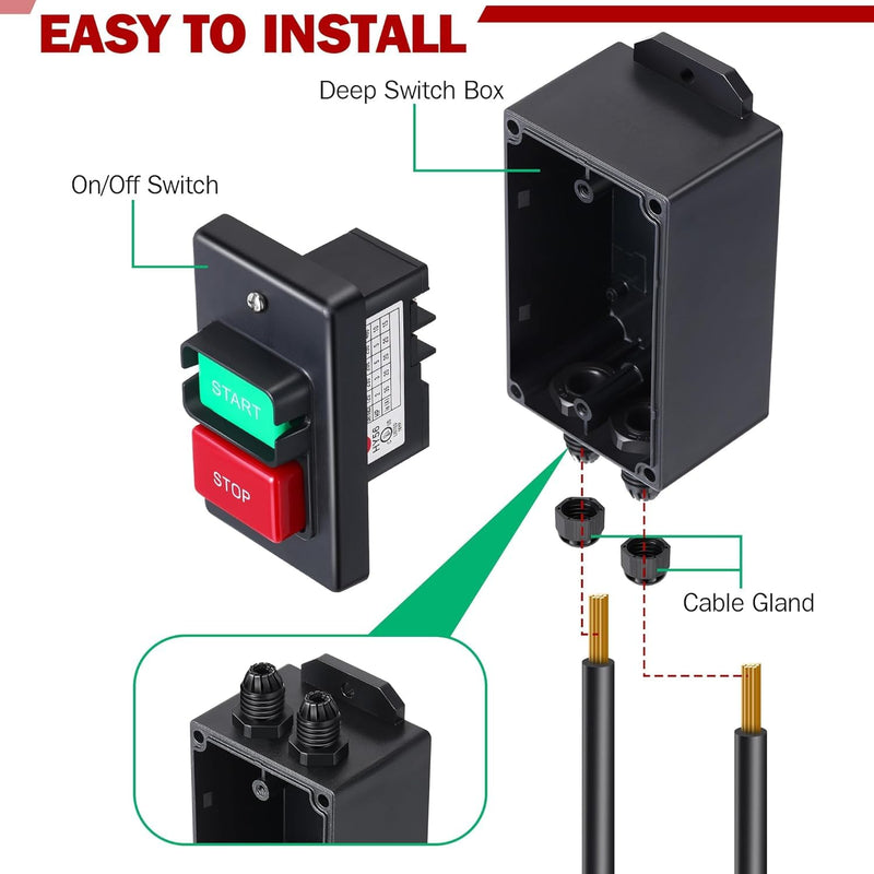 Dreyoo 2 Set 120V/230V Dual Voltage Single Phase On/Off Switch with Deep Switch Box Hardware, Efficient 120V 2HP Switches On Off, Fast Power Off for Table Saw, Router Table, Drill Press, Bench Saw