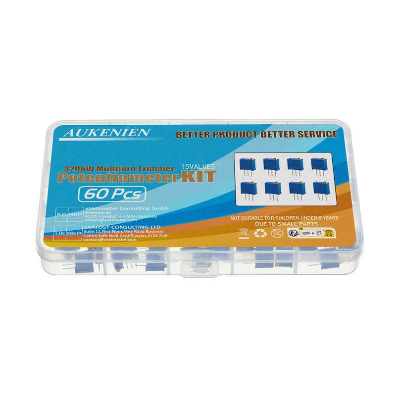 [Australia - AusPower] - AUKENIEN 15 Values 60 Pieces 3296W Trimmer Potentiometer 10 50 100 200 500 1K 2K 5K 10K 20K 50K 100K 200K 500K 1M Ohm Variable Resistance Assortment Kit 
