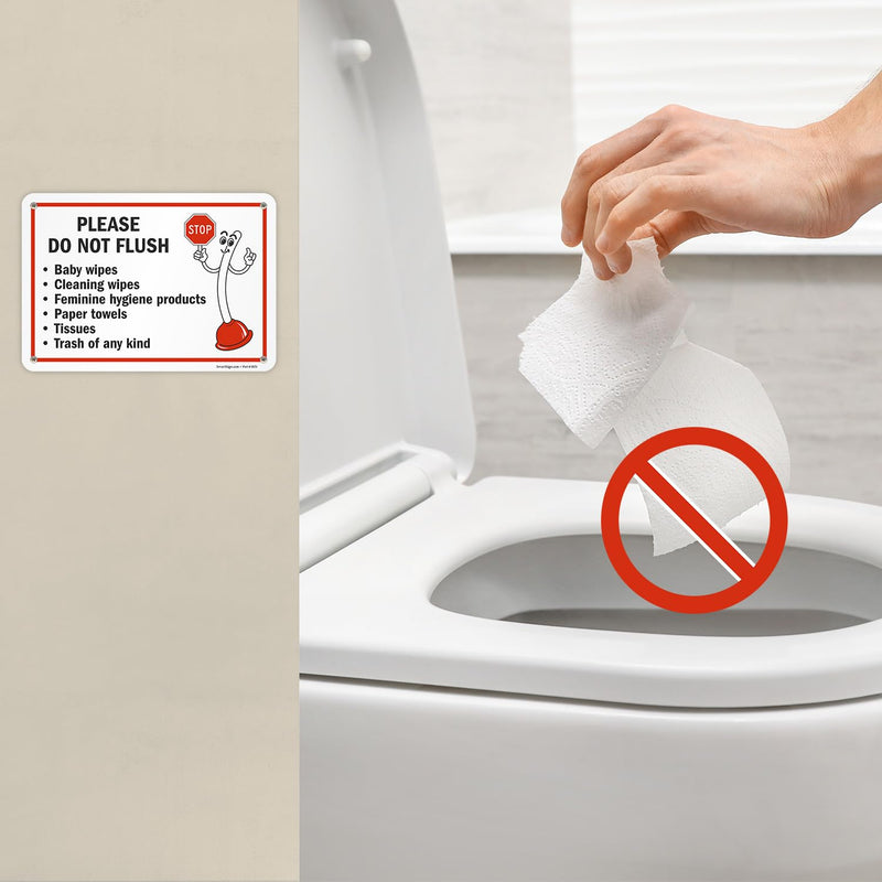 [Australia - AusPower] - SmartSign 2-Pack 'Please Do Not Flush Wipes/Feminine Hygiene Products/Paper Towels/Tissues/Trash' Bathroom Sign with Funny STOP Symbol - 7" x 10", 55 mil HDPE Plastic, Red/Black/White, USA-Made 7" x 10" - Plastic (Pack of 2) 
