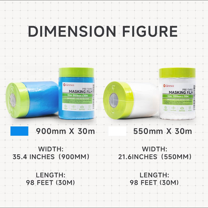 Pre-Taped Masking Film with Static Cling 35.4" x 98FT 1 Roll, Blue Paint Protection Plastic Sheeting with Green Tape for Cars, Walls, Windows, Furniture, No Residue